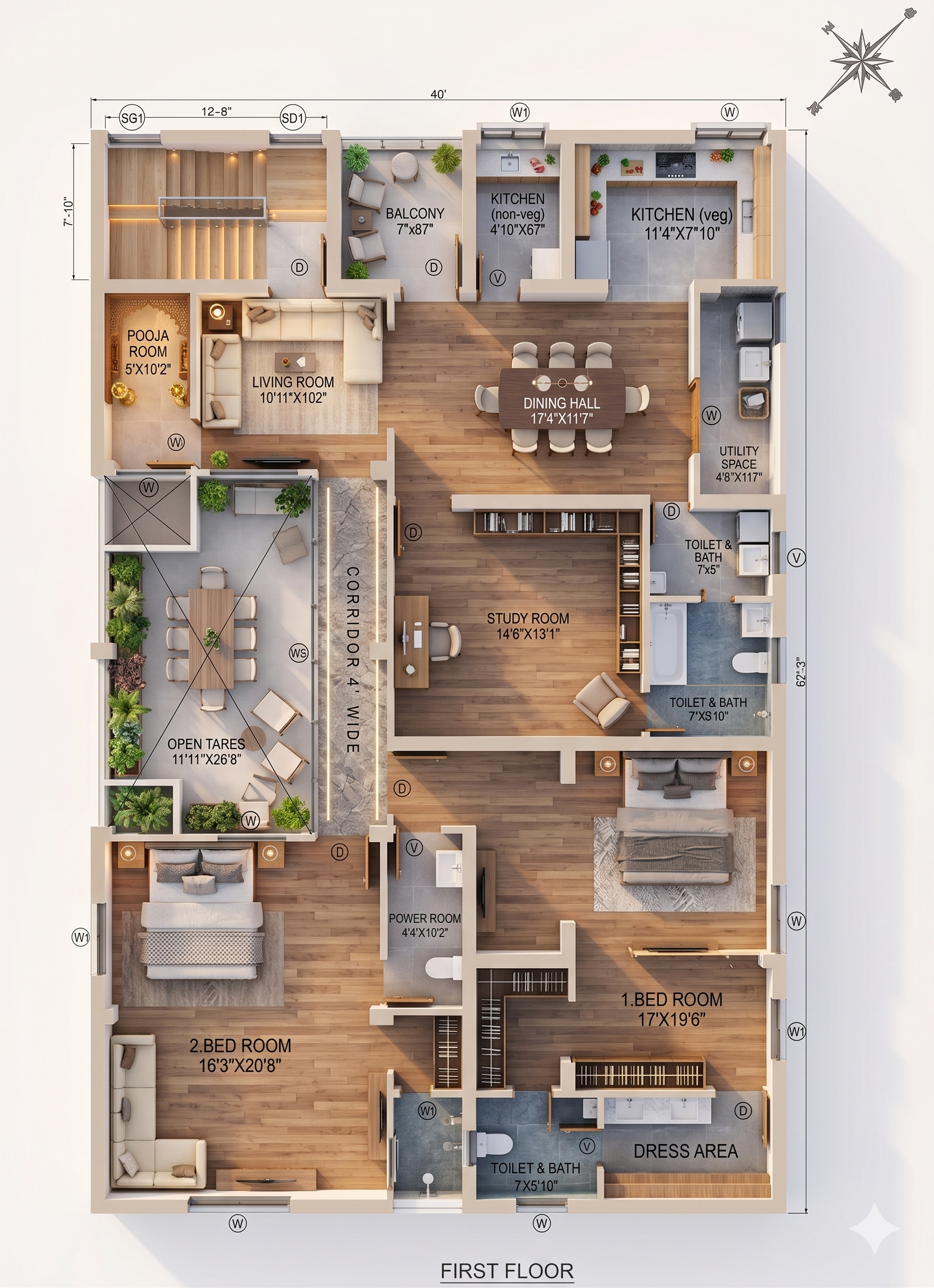 40' X 50'3'' SOUTH EAST FACEING HOUSE PLAN AS PER VASTU 